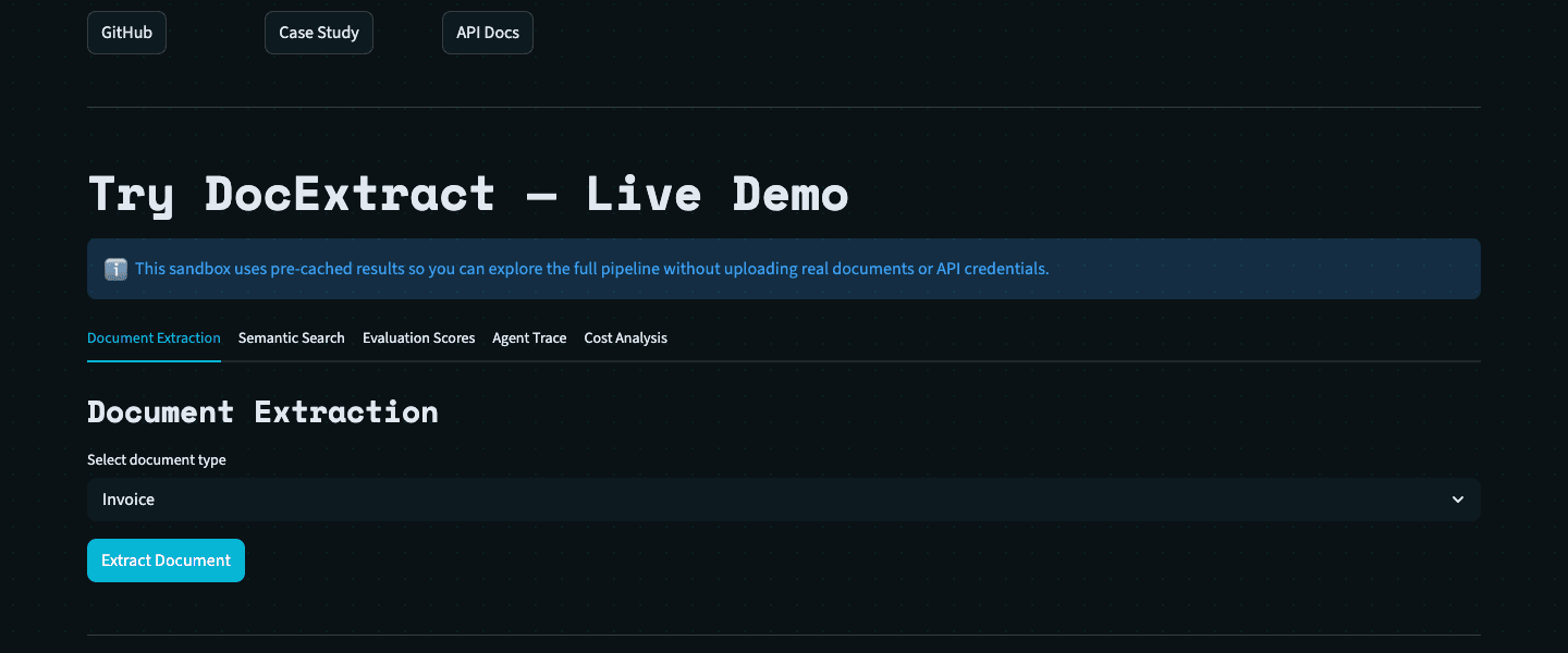 DocExtract AI live demo: document extraction with evaluation scores, agent trace, and cost analysis